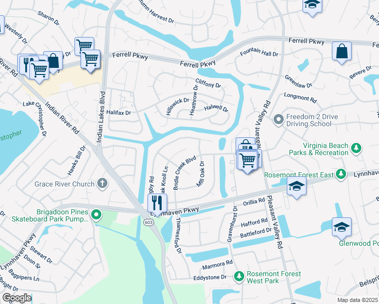 map of restaurants, bars, coffee shops, grocery stores, and more near 1461 Bridle Creek Boulevard in Virginia Beach