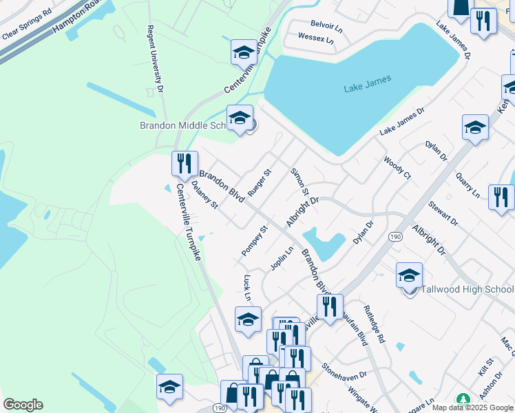 map of restaurants, bars, coffee shops, grocery stores, and more near 1709 Pompey Court in Virginia Beach