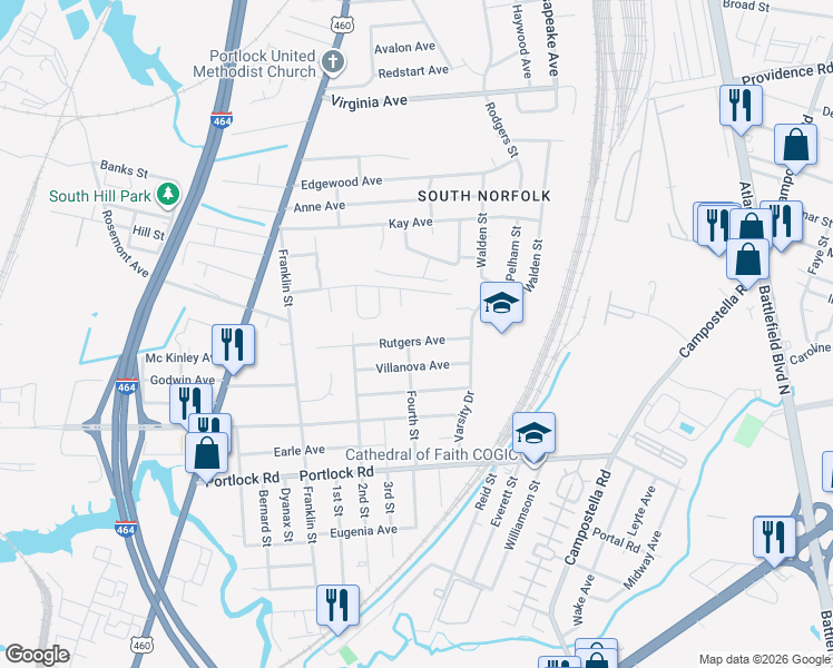 map of restaurants, bars, coffee shops, grocery stores, and more near 421 Rutgers Avenue in Chesapeake