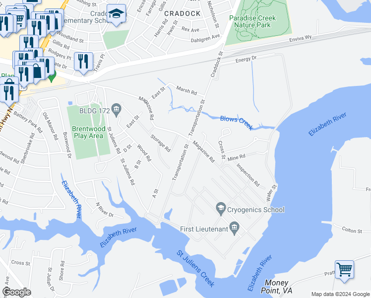 map of restaurants, bars, coffee shops, grocery stores, and more near Transportation Street in Chesapeake