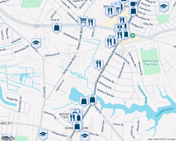 map of restaurants, bars, coffee shops, grocery stores, and more near 2522 Shamrock Garden Road in Chesapeake