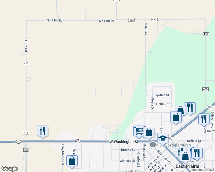 map of restaurants, bars, coffee shops, grocery stores, and more near 99 Norma Cove in East Prairie
