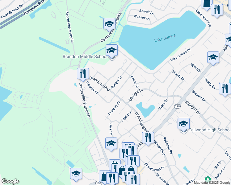 map of restaurants, bars, coffee shops, grocery stores, and more near 1709 Pompey Court in Virginia Beach