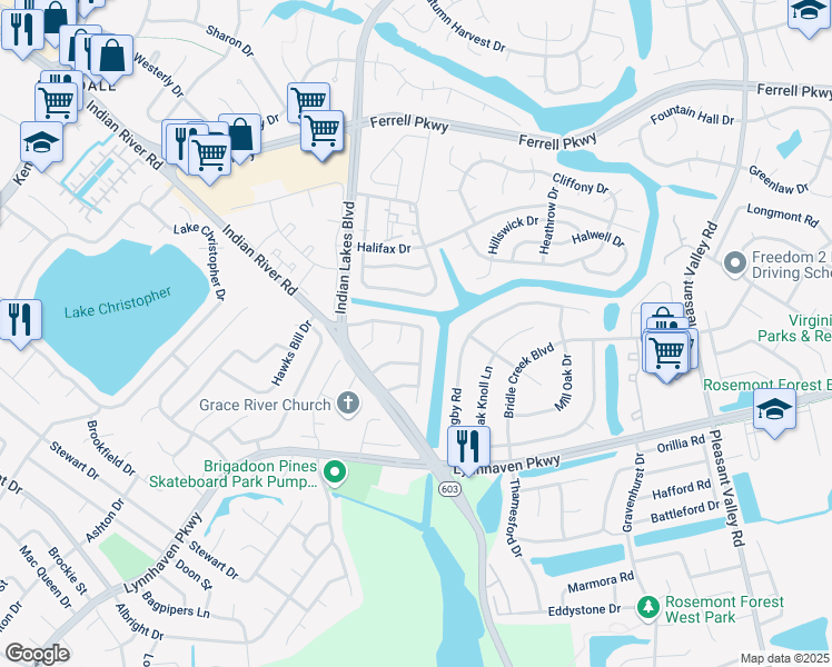 map of restaurants, bars, coffee shops, grocery stores, and more near 5213 Settlers Park Drive in Virginia Beach