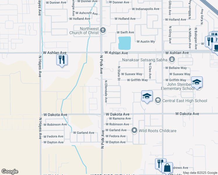 map of restaurants, bars, coffee shops, grocery stores, and more near 5431 West Pontiac Way in Fresno
