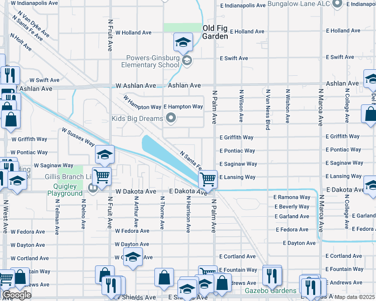 map of restaurants, bars, coffee shops, grocery stores, and more near 3910 North Santa Fe Avenue in Fresno