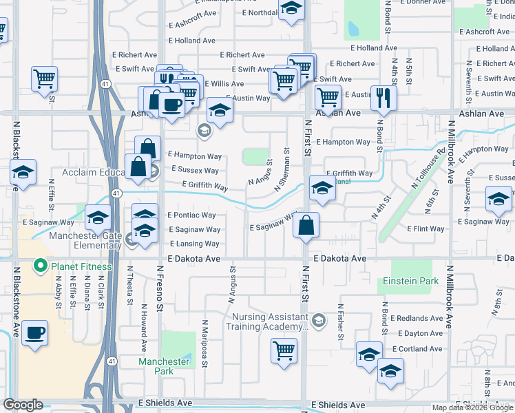 map of restaurants, bars, coffee shops, grocery stores, and more near 2947 East Saginaw Way in Fresno