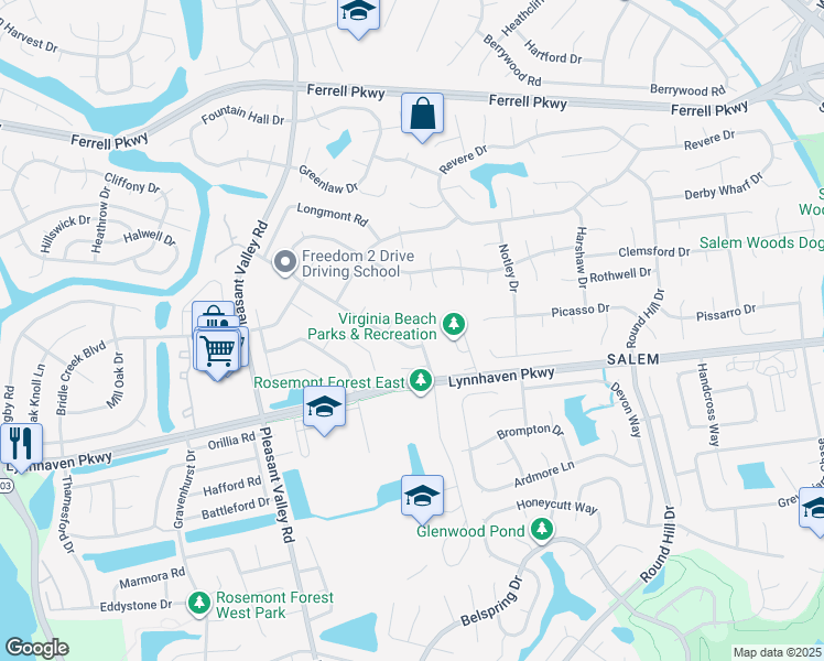 map of restaurants, bars, coffee shops, grocery stores, and more near 4888 Boxford Road in Virginia Beach