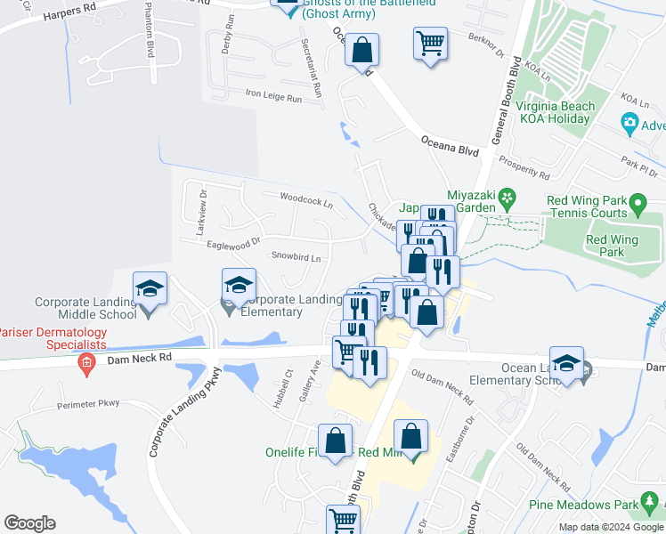map of restaurants, bars, coffee shops, grocery stores, and more near 1512 Hummingbird Lane in Virginia Beach
