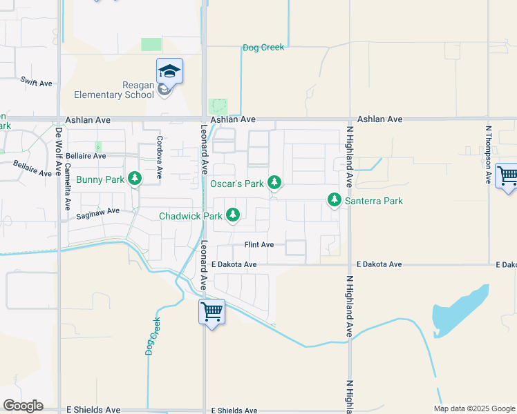 map of restaurants, bars, coffee shops, grocery stores, and more near 3722 Pontiac Avenue in Clovis