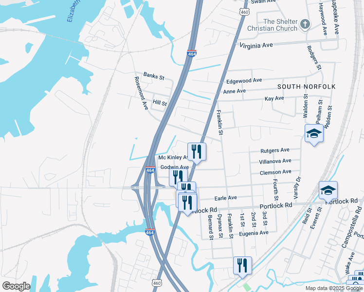 map of restaurants, bars, coffee shops, grocery stores, and more near 1036 Livingston Avenue in Chesapeake