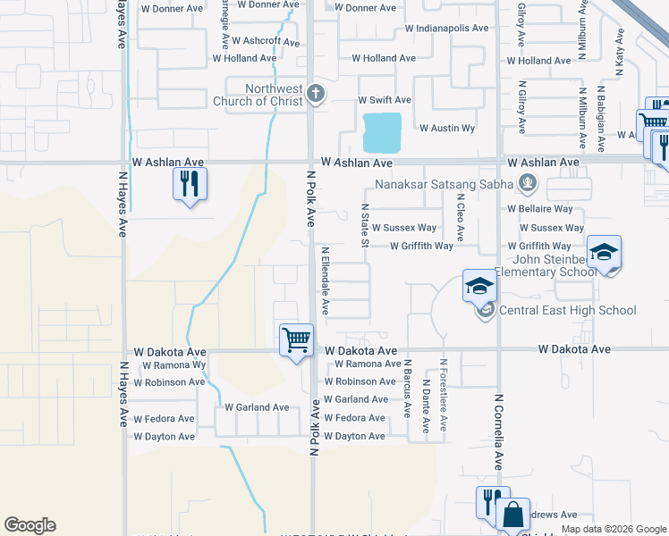 map of restaurants, bars, coffee shops, grocery stores, and more near 5431 West Pontiac Way in Fresno