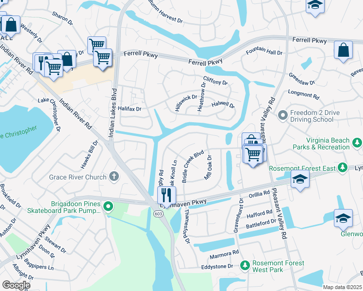 map of restaurants, bars, coffee shops, grocery stores, and more near 1421 Oak Knoll Court in Virginia Beach