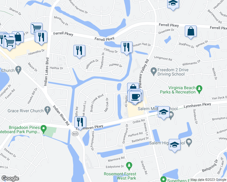 map of restaurants, bars, coffee shops, grocery stores, and more near 1413 Bridle Creek Boulevard in Virginia Beach