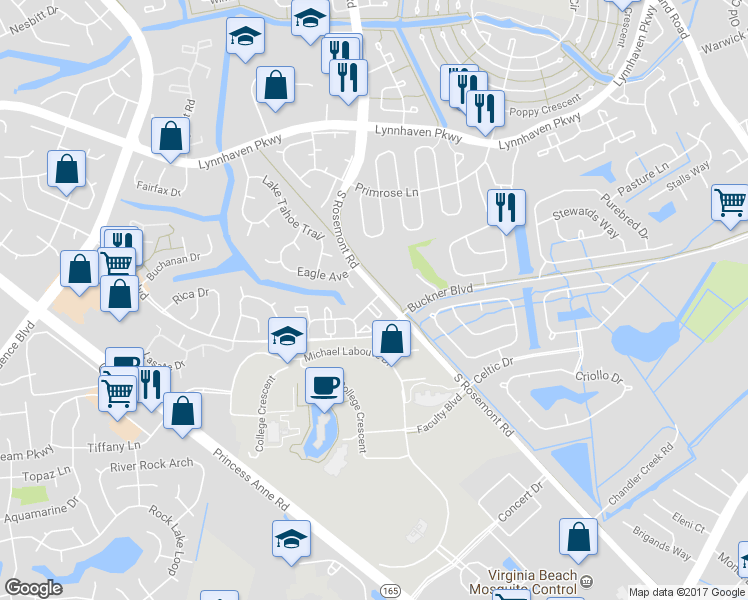 map of restaurants, bars, coffee shops, grocery stores, and more near 3405 Mackenzie Bay Lane in Virginia Beach