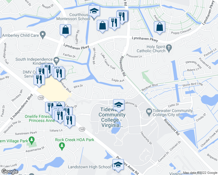 map of restaurants, bars, coffee shops, grocery stores, and more near 3564 Brigita Court in Virginia Beach