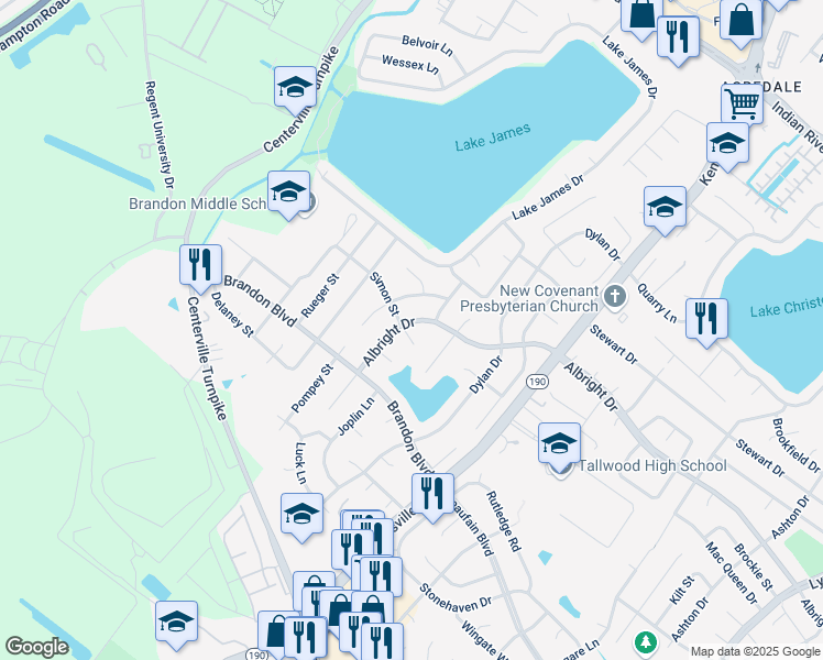 map of restaurants, bars, coffee shops, grocery stores, and more near 5705 Simon Court in Virginia Beach