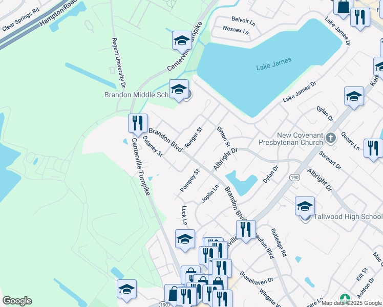 map of restaurants, bars, coffee shops, grocery stores, and more near 5680 Brandon Boulevard in Virginia Beach