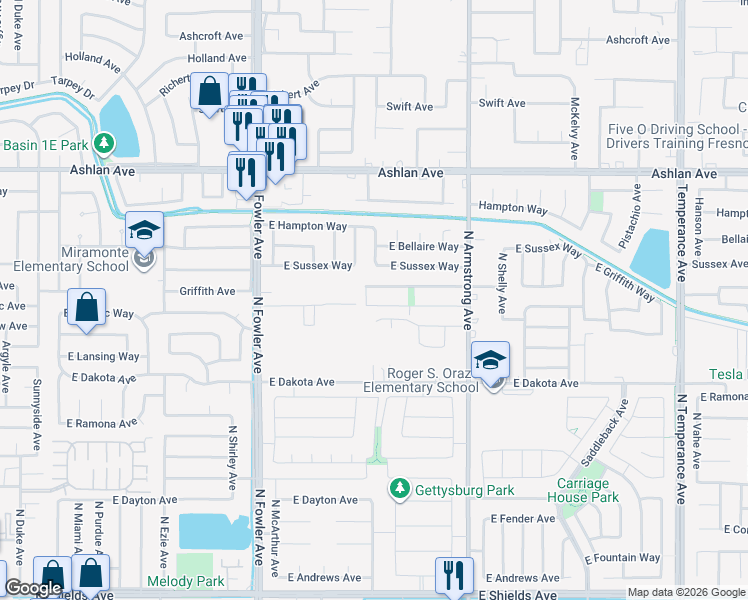 map of restaurants, bars, coffee shops, grocery stores, and more near 6165 East Farrin Avenue in Fresno