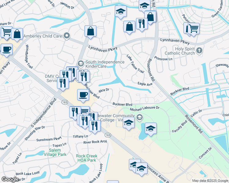 map of restaurants, bars, coffee shops, grocery stores, and more near 3838 Rica Drive in Virginia Beach