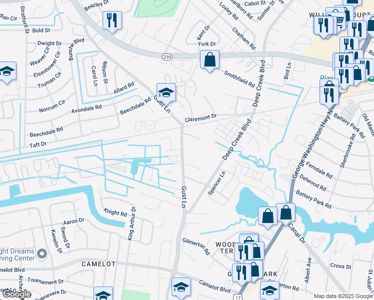 map of restaurants, bars, coffee shops, grocery stores, and more near 1415 Gust Lane in Chesapeake