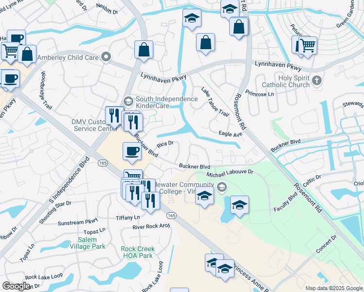 map of restaurants, bars, coffee shops, grocery stores, and more near 3838 Rica Drive in Virginia Beach