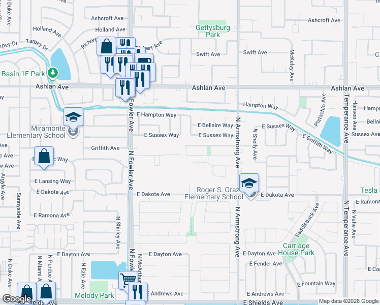 map of restaurants, bars, coffee shops, grocery stores, and more near 6165 East Farrin Avenue in Fresno