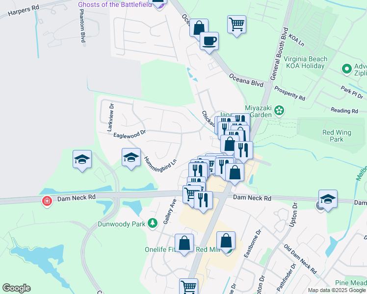 map of restaurants, bars, coffee shops, grocery stores, and more near 1519 Hummingbird Lane in Virginia Beach