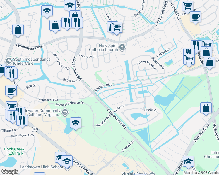 map of restaurants, bars, coffee shops, grocery stores, and more near 3573 Regret Lane in Virginia Beach
