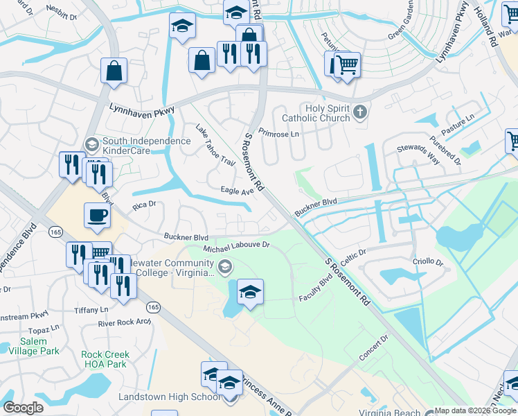 map of restaurants, bars, coffee shops, grocery stores, and more near 3460 Kelsey Bay Lane in Virginia Beach