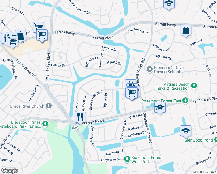 map of restaurants, bars, coffee shops, grocery stores, and more near 1428 Bridle Creek Boulevard in Virginia Beach