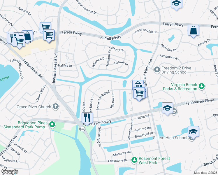 map of restaurants, bars, coffee shops, grocery stores, and more near 1461 Bridle Creek Boulevard in Virginia Beach