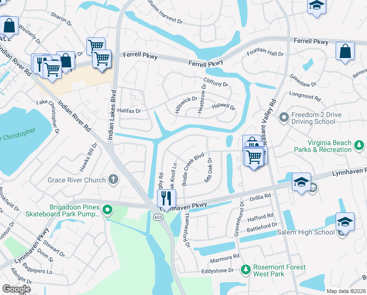 map of restaurants, bars, coffee shops, grocery stores, and more near 1422 Oak Knoll Court in Virginia Beach