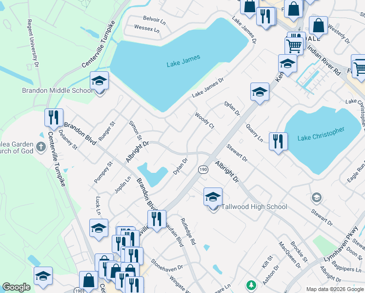 map of restaurants, bars, coffee shops, grocery stores, and more near 5628 Albright Drive in Virginia Beach