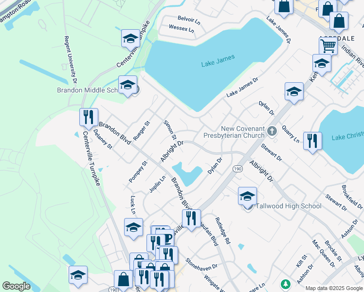 map of restaurants, bars, coffee shops, grocery stores, and more near 5705 Simon Court in Virginia Beach