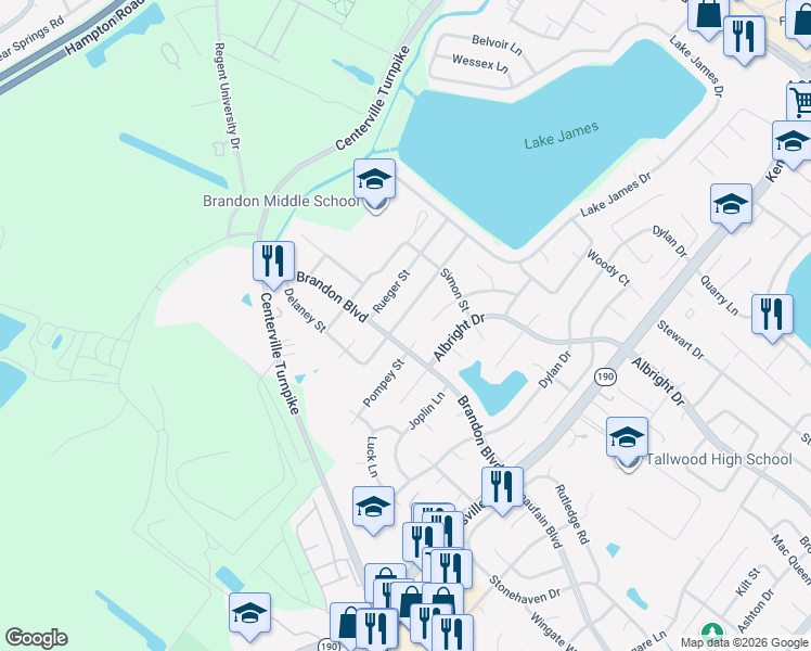map of restaurants, bars, coffee shops, grocery stores, and more near 1709 Pompey Court in Virginia Beach