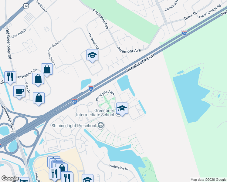 map of restaurants, bars, coffee shops, grocery stores, and more near 2006 Woodgate Arch in Chesapeake
