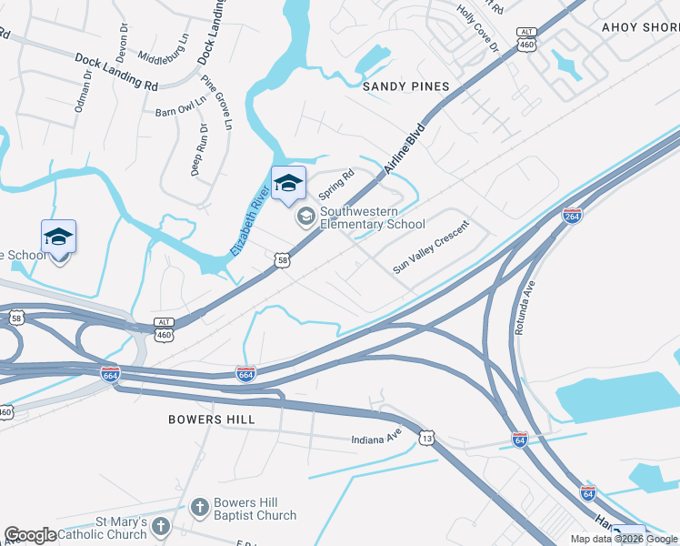 map of restaurants, bars, coffee shops, grocery stores, and more near 3910 Spring Meadow Crescent in Chesapeake