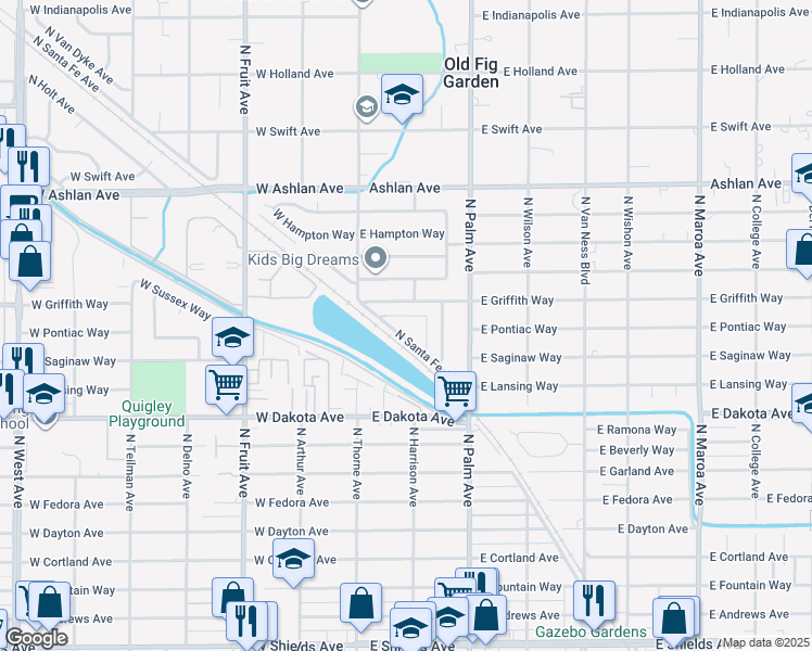 map of restaurants, bars, coffee shops, grocery stores, and more near 3960 North Santa Fe Avenue in Fresno