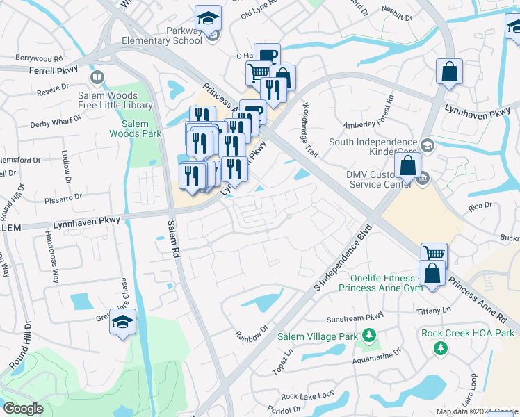 map of restaurants, bars, coffee shops, grocery stores, and more near 1665 Avalene Way in Virginia Beach
