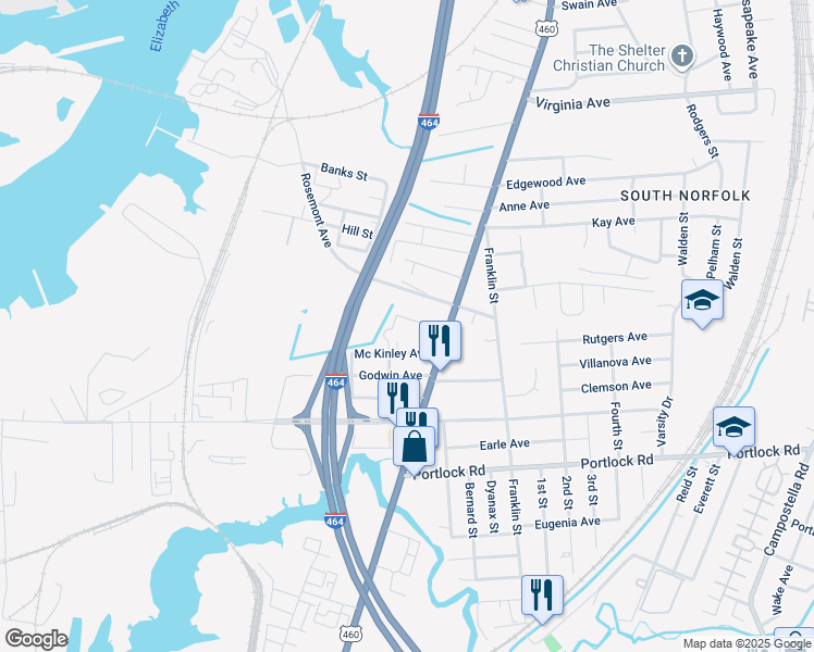 map of restaurants, bars, coffee shops, grocery stores, and more near 1036 Livingston Avenue in Chesapeake