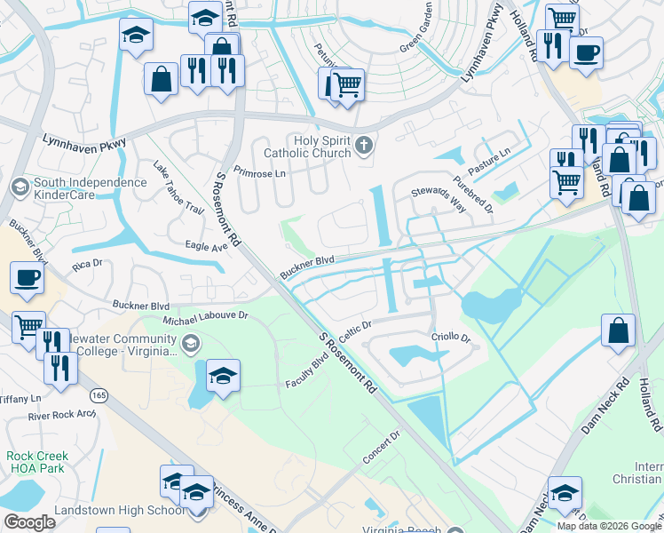 map of restaurants, bars, coffee shops, grocery stores, and more near 1508 Colt Court in Virginia Beach