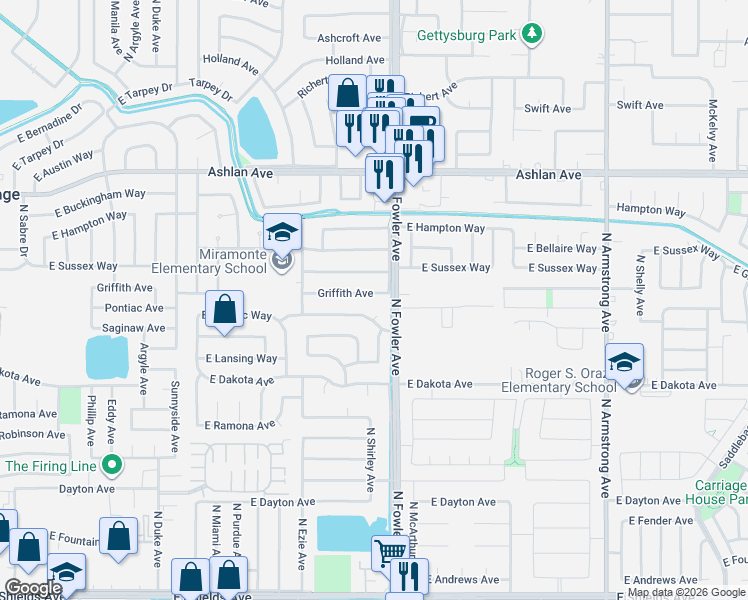 map of restaurants, bars, coffee shops, grocery stores, and more near 5966 East Pontiac Way in Fresno