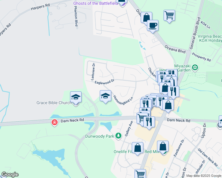 map of restaurants, bars, coffee shops, grocery stores, and more near 1571 Hummingbird Lane in Virginia Beach