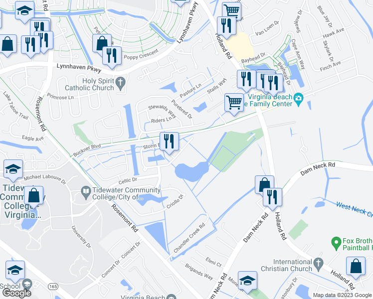 map of restaurants, bars, coffee shops, grocery stores, and more near 3529 Storm Bird Loop in Virginia Beach