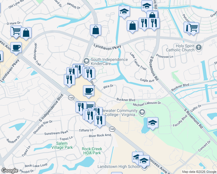 map of restaurants, bars, coffee shops, grocery stores, and more near 1320 Rica Court in Virginia Beach