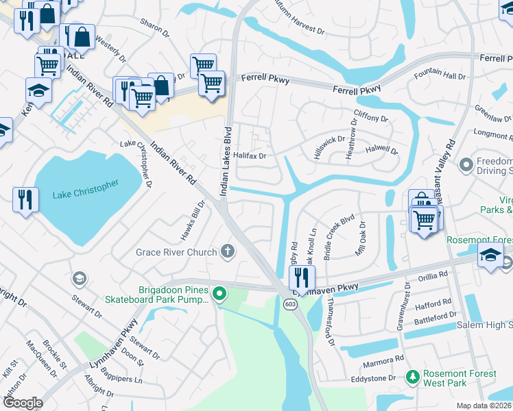 map of restaurants, bars, coffee shops, grocery stores, and more near 1616 Sudbury Court in Virginia Beach
