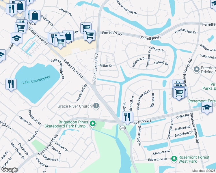 map of restaurants, bars, coffee shops, grocery stores, and more near 1603 Riverstone Drive in Virginia Beach