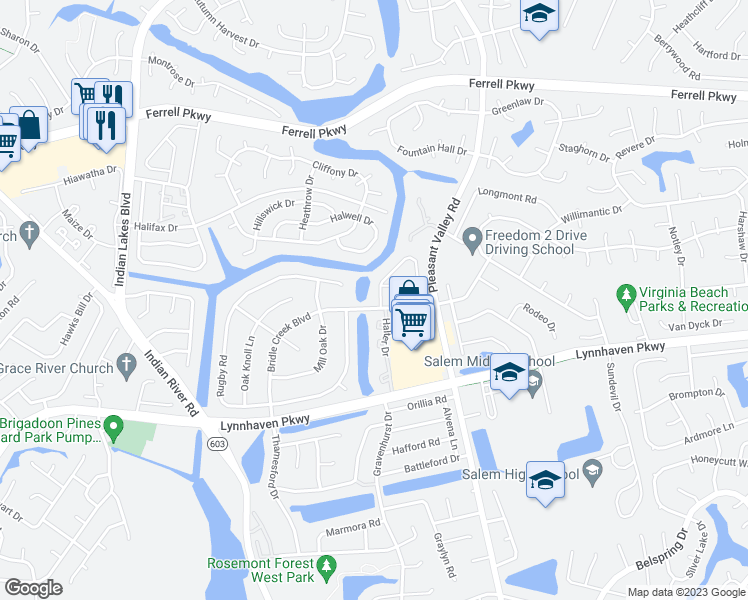 map of restaurants, bars, coffee shops, grocery stores, and more near 1391 Sangaree Circle in Virginia Beach