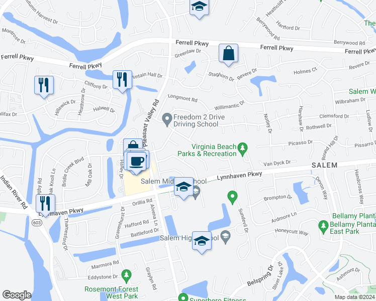 map of restaurants, bars, coffee shops, grocery stores, and more near 1610 Rodeo Drive in Virginia Beach